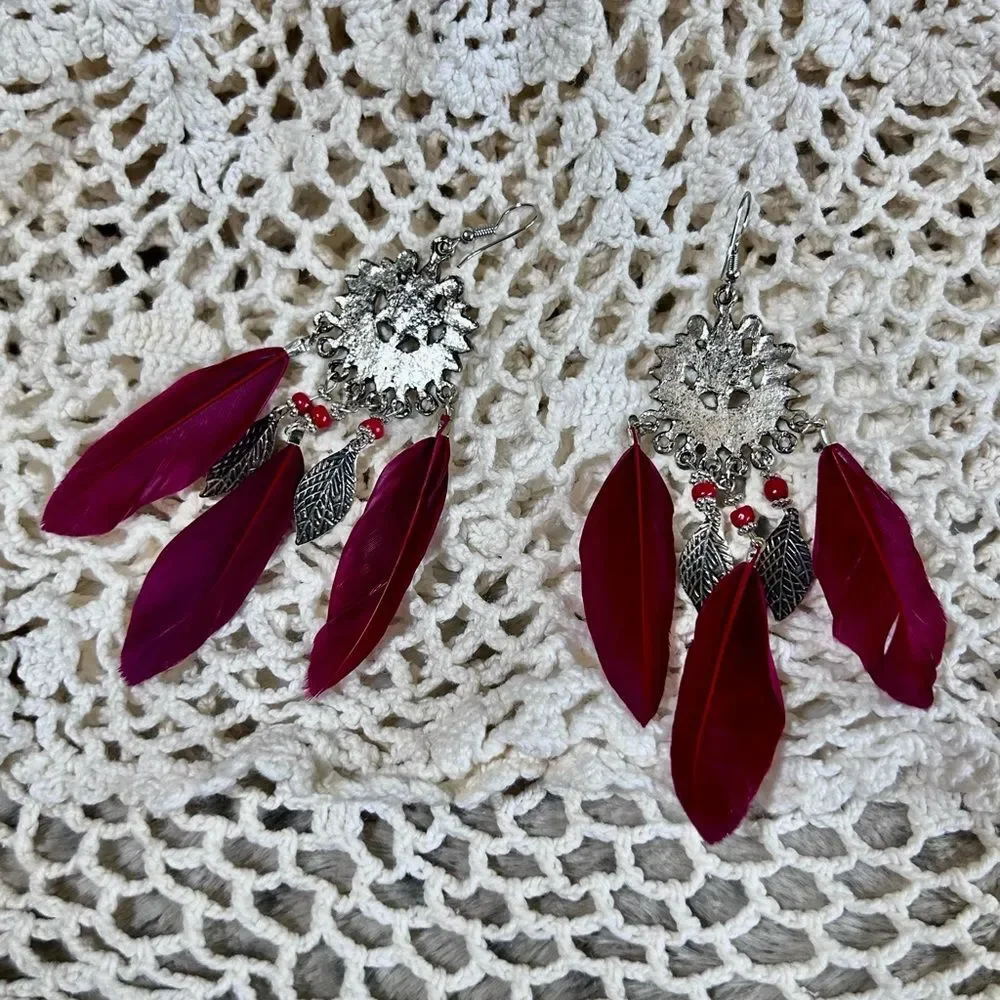 Feather Earrings Boho Vibrant Magenta Burgundy Silver Tone Chandelier Enamel